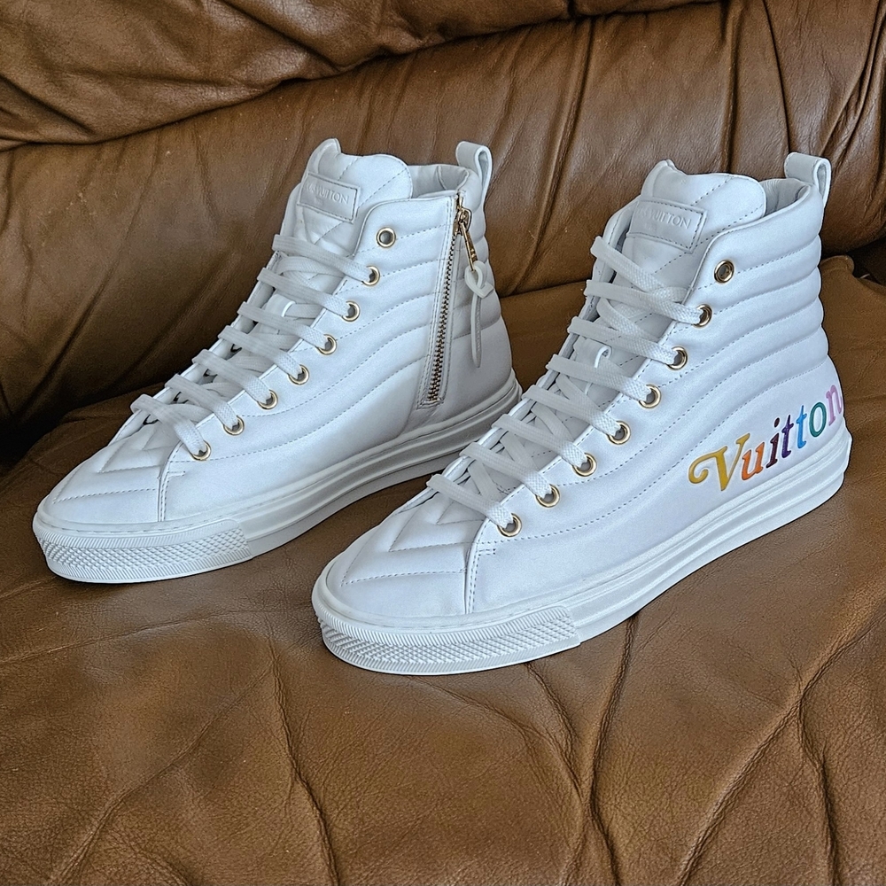 Women's Louis Vuitton White Leather Rainbow Logo Hightop Sneakers Size 6.5 US - Picture 6 of 16